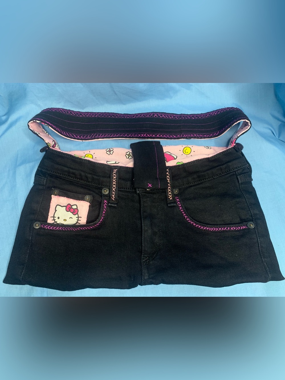 1of1 handmade:🎀Hello Kitty🎀Black Denim Shoulder Bag